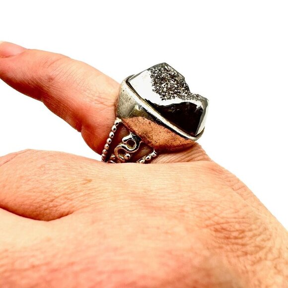 Womens Ring Silver Drusy Quartz Sterling Silver Size 7 Chunky Big - Picture 2 of 6